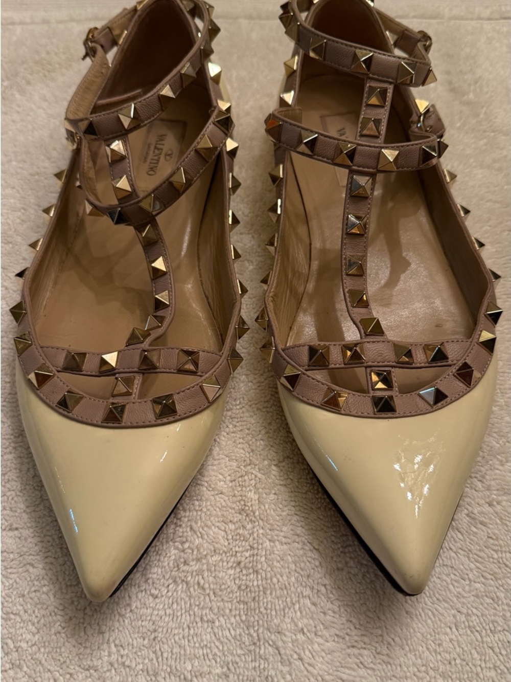 Valentino Garavani Cream Patent Pointed Flats with gold Studded Straps